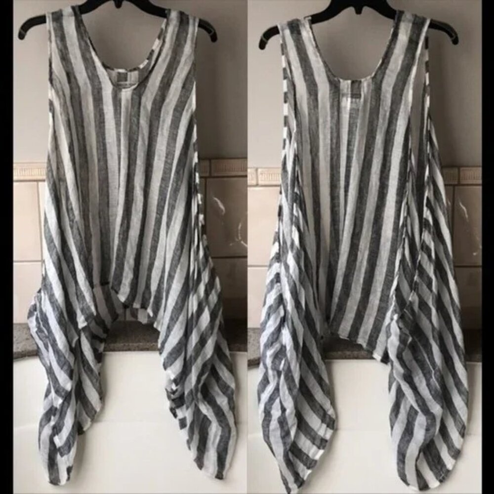 New Ivan Grundahl Copenhagen 100% linen lagenlook shark bite hem stripe tunic